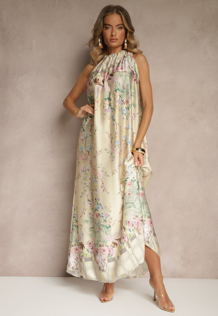 pretty Rochie Galbenă din Satin Decorată cu Model Floral și cu Legătură Fenalesa