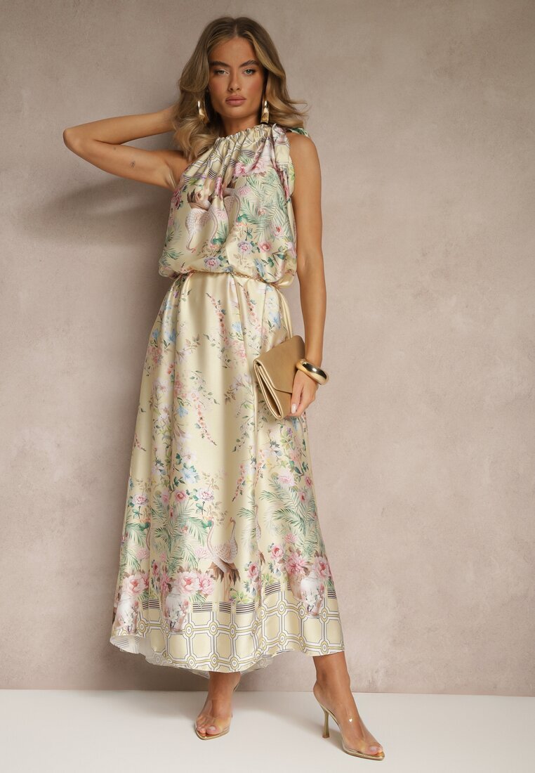 pretty Rochie Galbenă din Satin Decorată cu Model Floral și cu Legătură Fenalesa