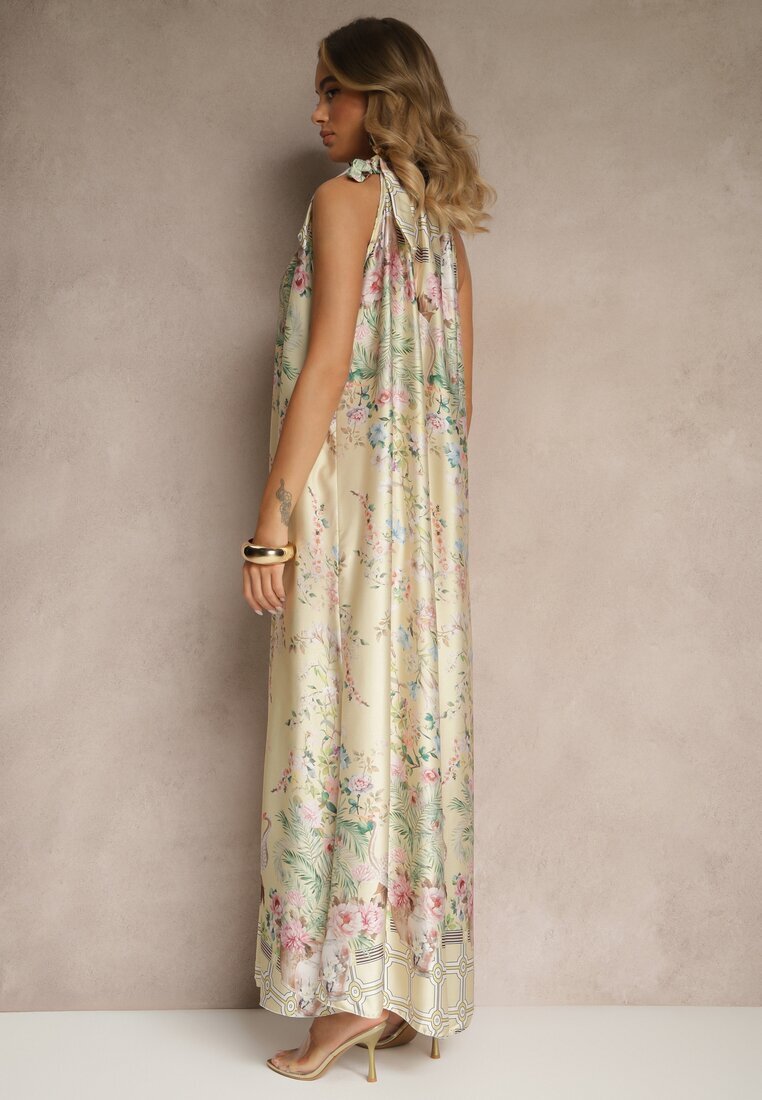 pretty Rochie Galbenă din Satin Decorată cu Model Floral și cu Legătură Fenalesa