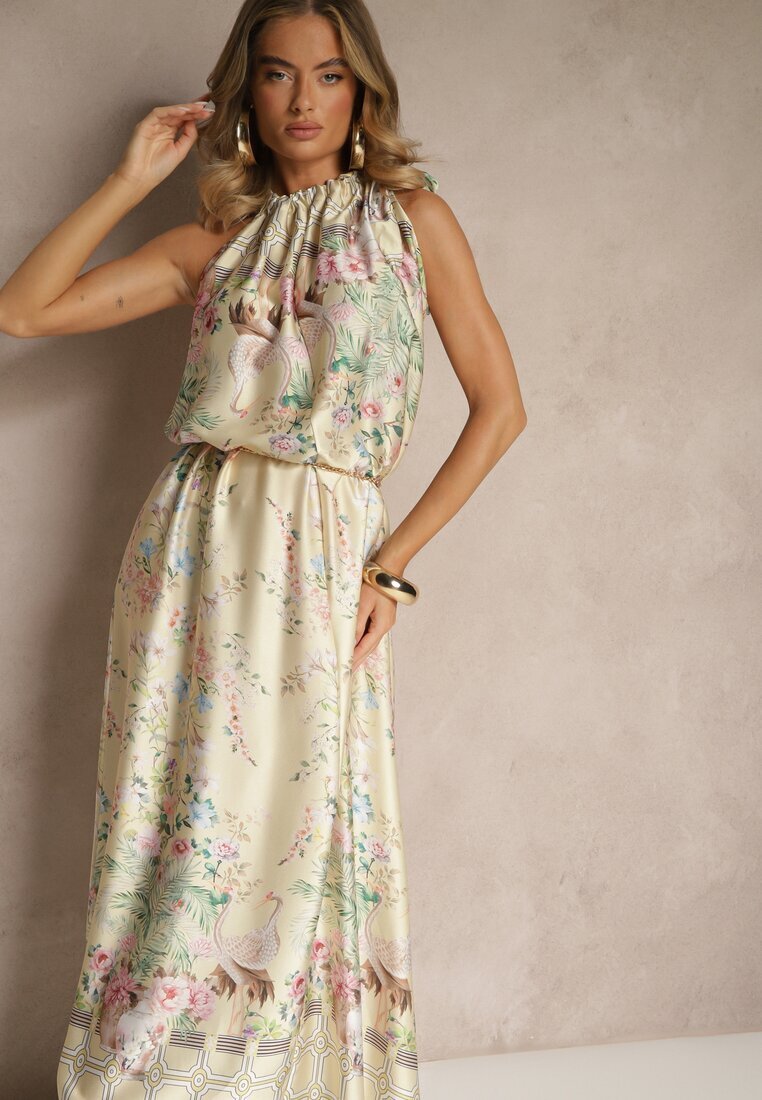 pretty Rochie Galbenă din Satin Decorată cu Model Floral și cu Legătură Fenalesa