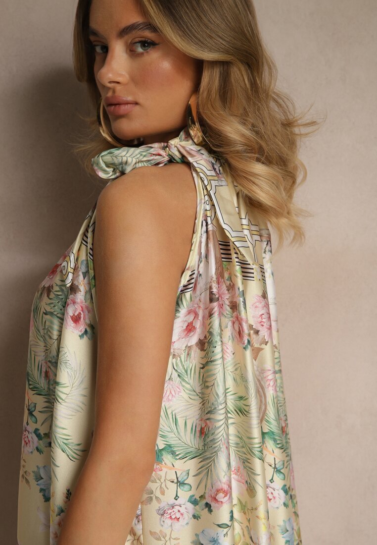 pretty Rochie Galbenă din Satin Decorată cu Model Floral și cu Legătură Fenalesa