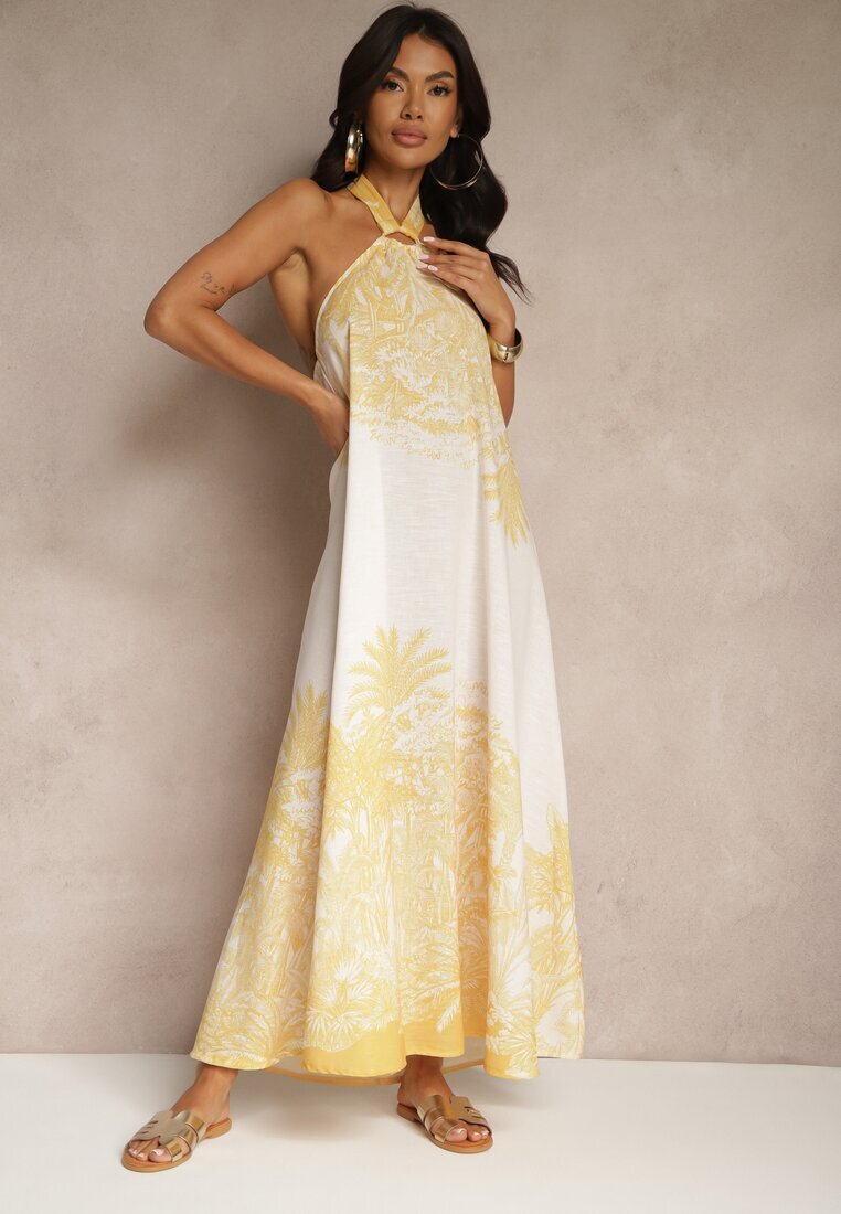 pretty Rochie Galbenă din Viscoză Decorată cu Legătură și cu Model cu Palmieri Folenella