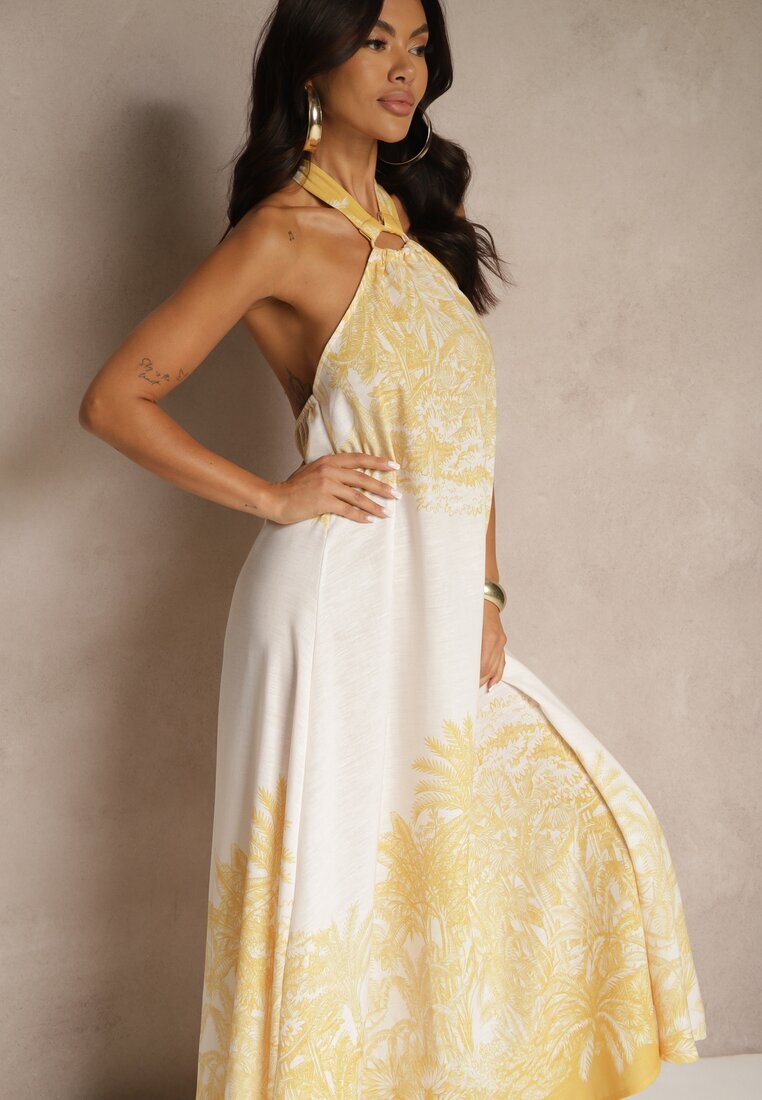pretty Rochie Galbenă din Viscoză Decorată cu Legătură și cu Model cu Palmieri Folenella
