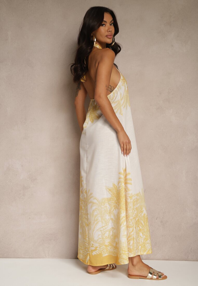 pretty Rochie Galbenă din Viscoză Decorată cu Legătură și cu Model cu Palmieri Folenella