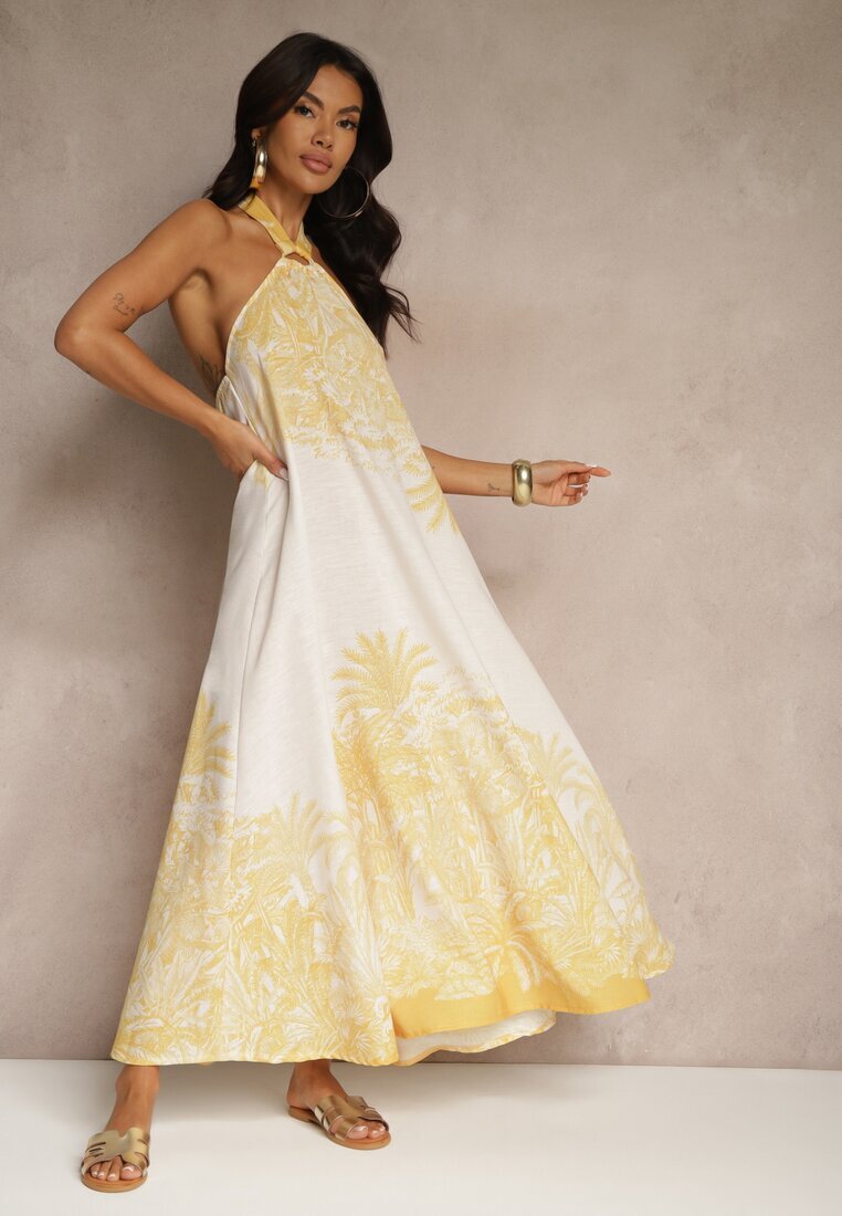 pretty Rochie Galbenă din Viscoză Decorată cu Legătură și cu Model cu Palmieri Folenella