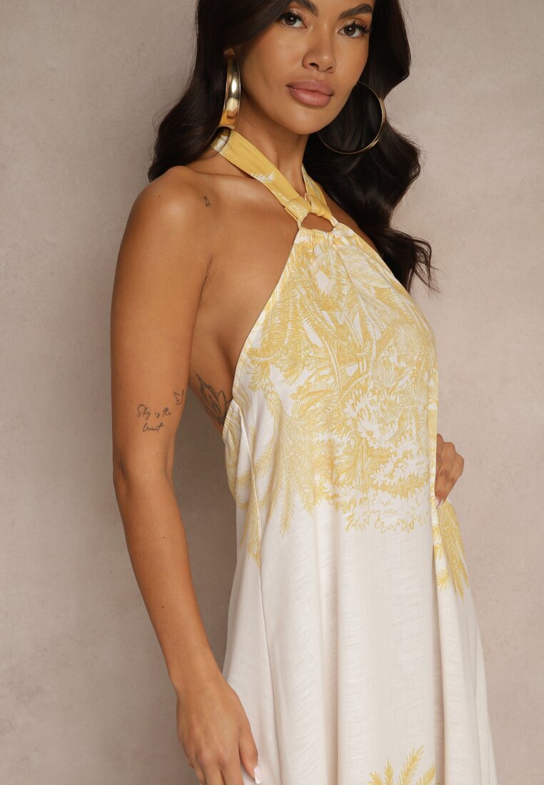 pretty Rochie Galbenă din Viscoză Decorată cu Legătură și cu Model cu Palmieri Folenella