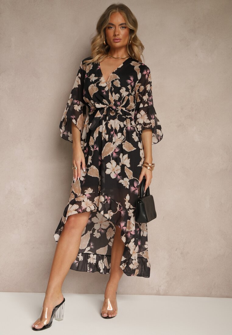 pretty Rochie Neagră Asimetrică din Bumbac cu Decolteu Petrecut și Cordon Legat Nitilira