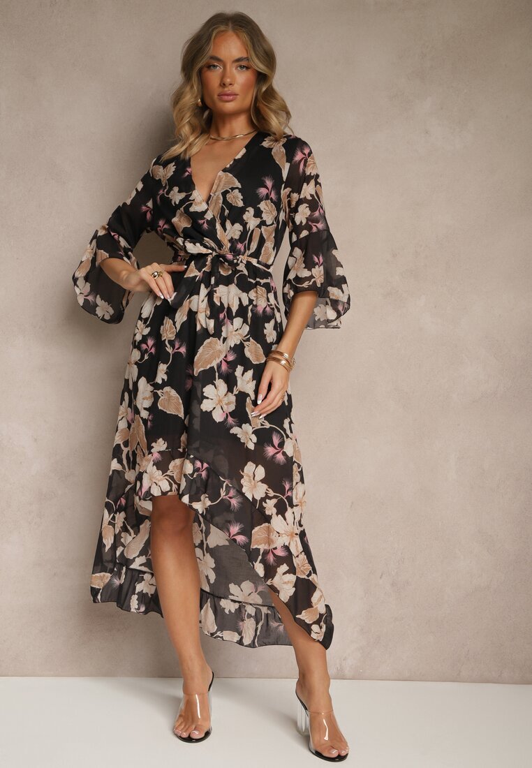 pretty Rochie Neagră Asimetrică din Bumbac cu Decolteu Petrecut și Cordon Legat Nitilira