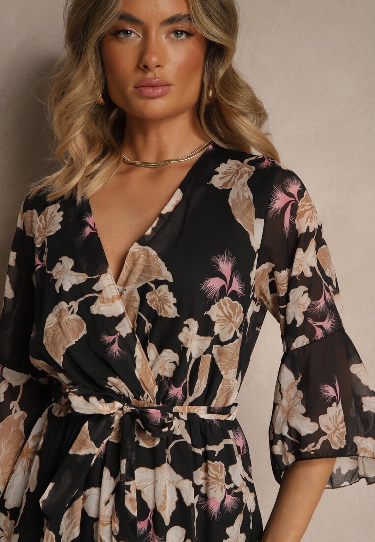 pretty Rochie Neagră Asimetrică din Bumbac cu Decolteu Petrecut și Cordon Legat Nitilira