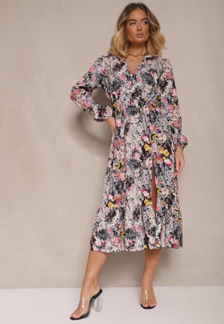 pretty Rochie Neagră cu Imprimeu Floral cu Croi Evazat cu Decolteu în V Janellia