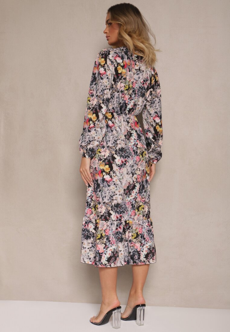 pretty Rochie Neagră cu Imprimeu Floral cu Croi Evazat cu Decolteu în V Janellia