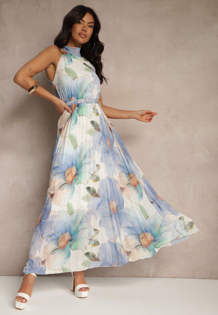 pretty Rochie Plisată Albastră cu Legătură și Curea cu Cataramă Nitolia