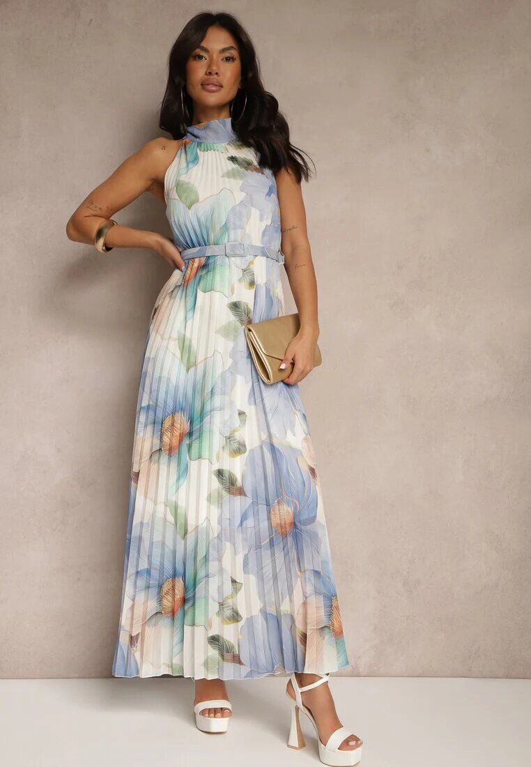 pretty Rochie Plisată Albastră cu Legătură și Curea cu Cataramă Nitolia