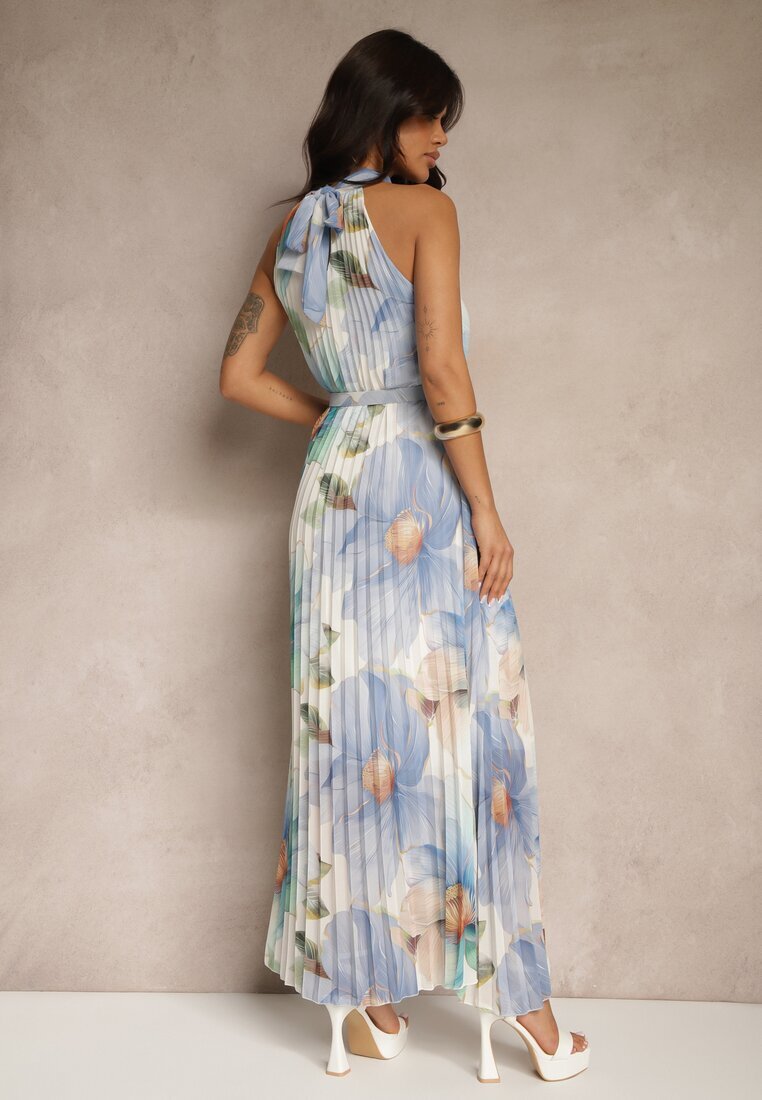 pretty Rochie Plisată Albastră cu Legătură și Curea cu Cataramă Nitolia