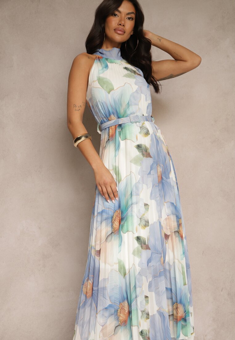 pretty Rochie Plisată Albastră cu Legătură și Curea cu Cataramă Nitolia