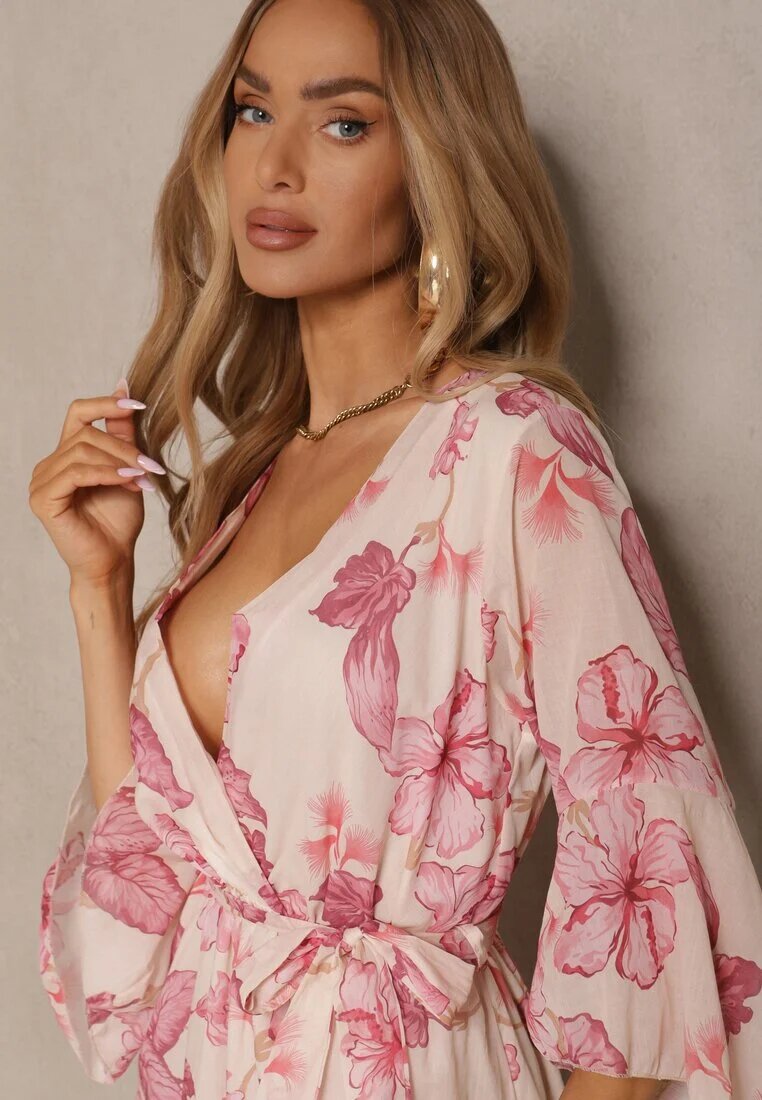 pretty Rochie Roz Asimetrică din Bumbac cu Decolteu Petrecut și Cordon Legat Nitilira