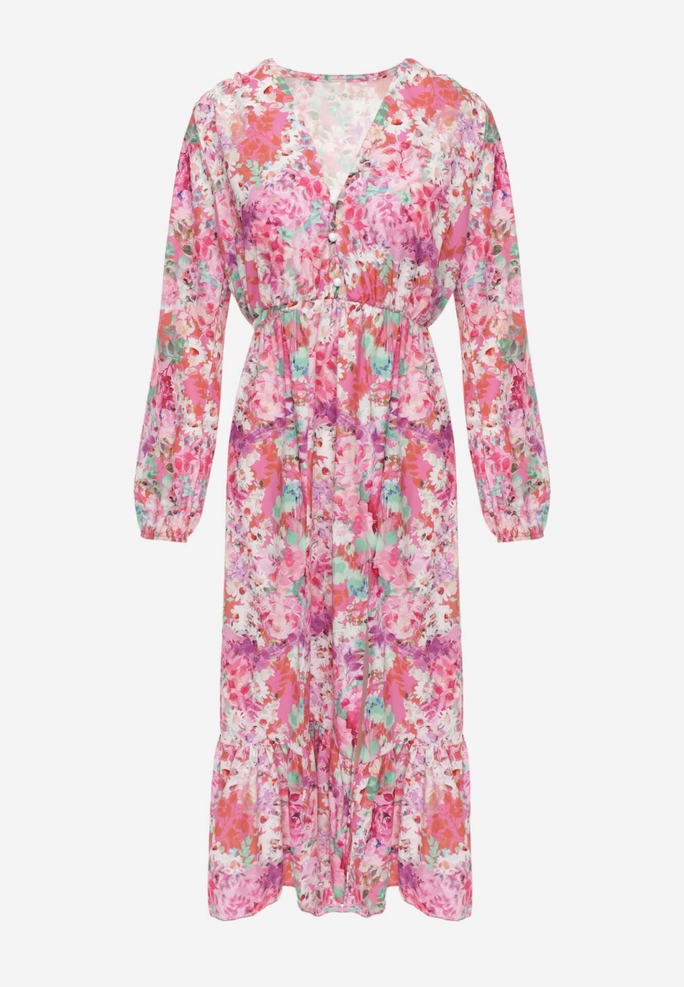 pretty Rochie roz cu imprimeu floral cu croială evazată și decolteu în V Janellia
