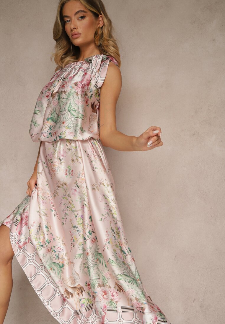 pretty Rochie Roz deschisă din Satin Decorată cu model floral și Cordon Fenalesa