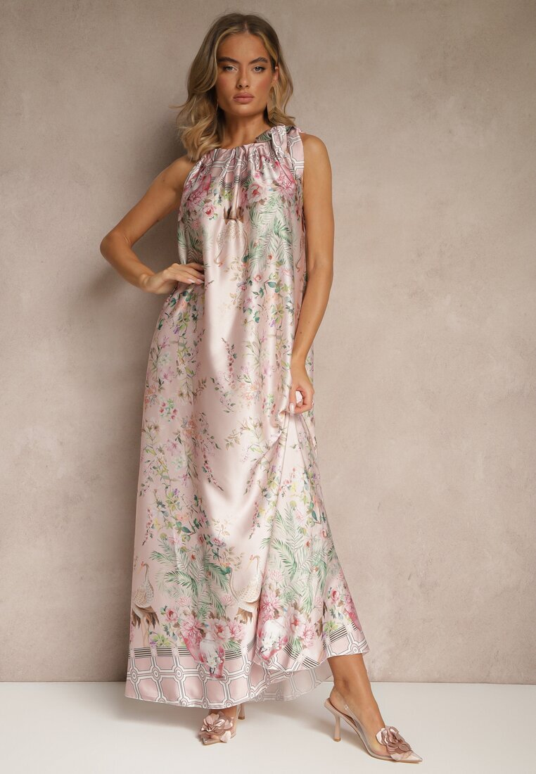 pretty Rochie Roz deschisă din Satin Decorată cu model floral și Cordon Fenalesa