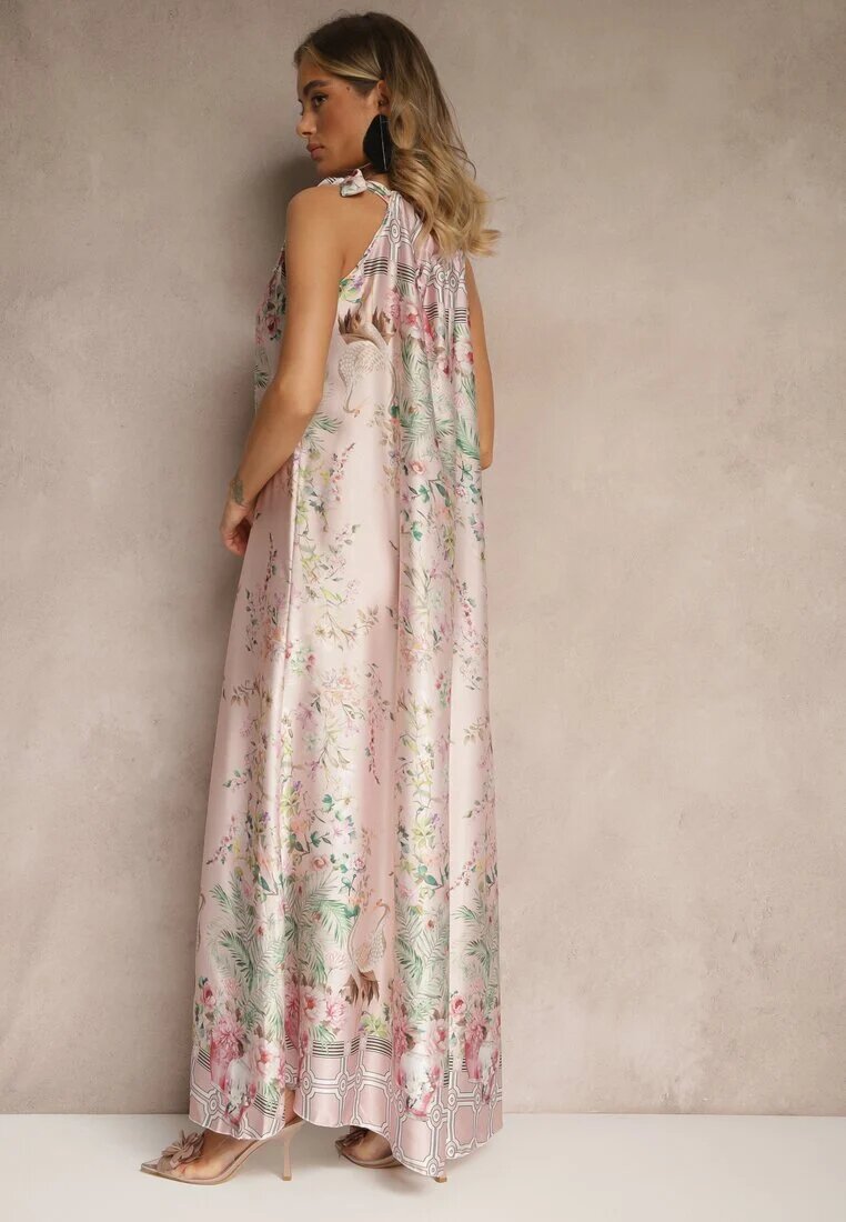 pretty Rochie Roz deschisă din Satin Decorată cu model floral și Cordon Fenalesa