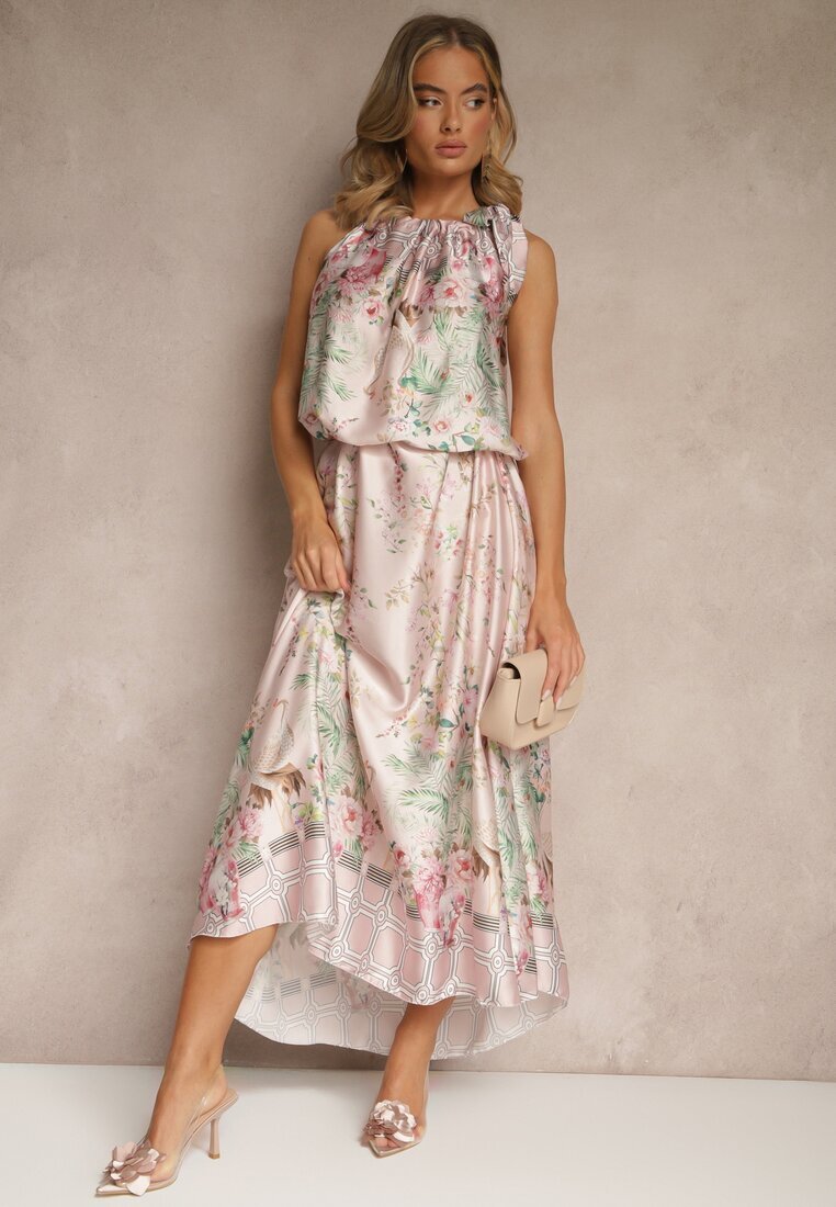 pretty Rochie Roz deschisă din Satin Decorată cu model floral și Cordon Fenalesa