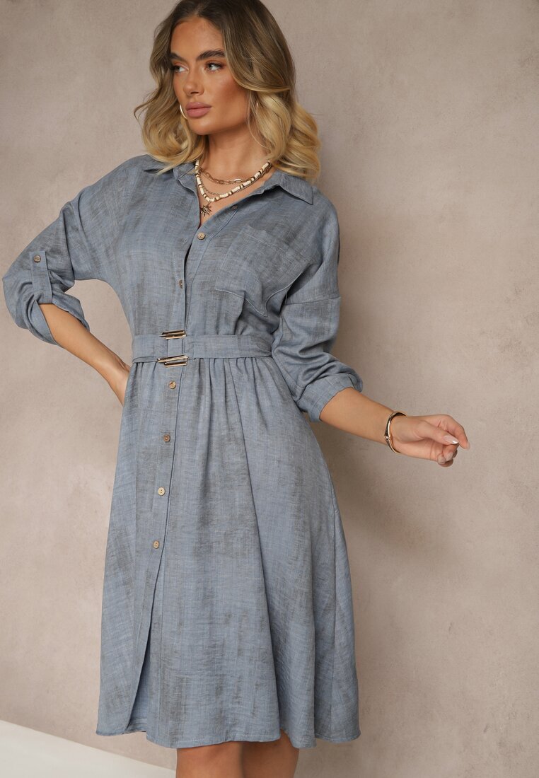 pretty Rochie tip cămașă albastră cu curea cu cataramă și buzunar Parmio