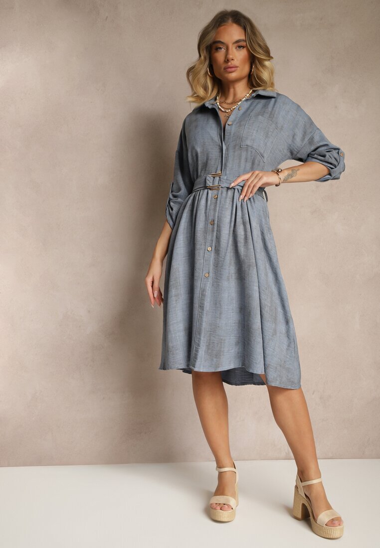 pretty Rochie tip cămașă albastră cu curea cu cataramă și buzunar Parmio