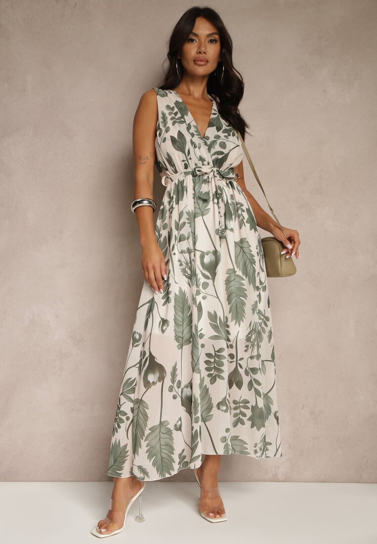 pretty Rochie Verde cu viscoză cu decolteu petrecut și curea legată Natisolve