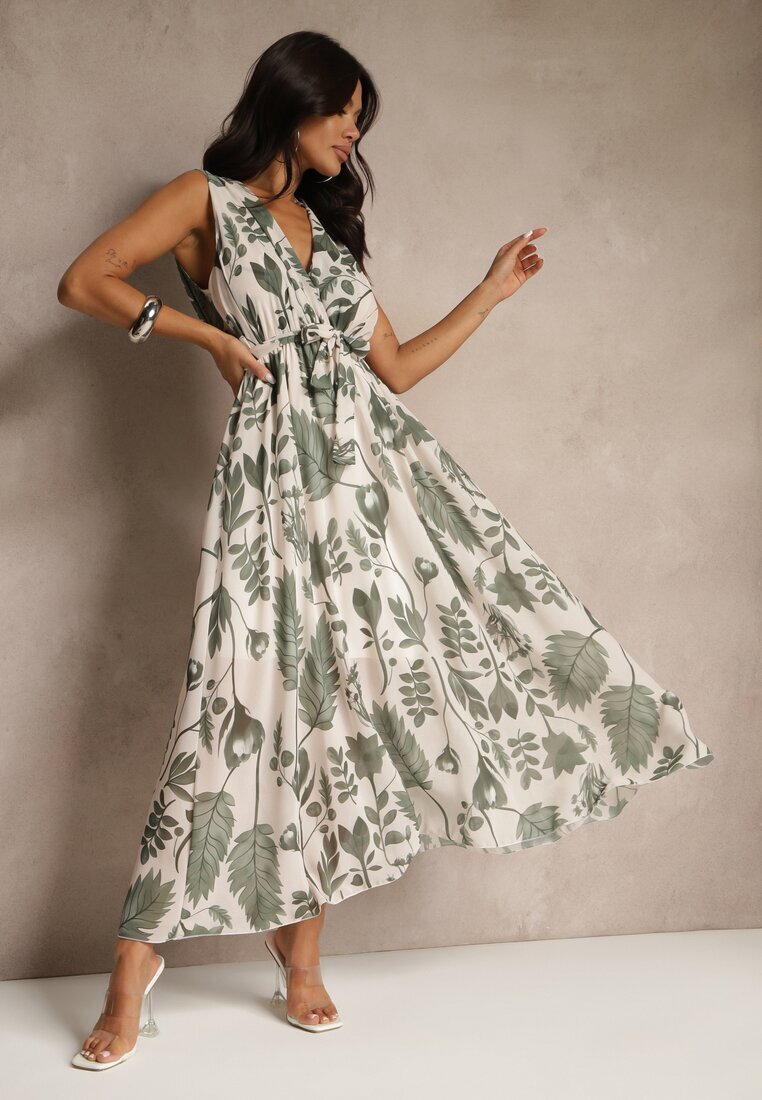 pretty Rochie Verde cu viscoză cu decolteu petrecut și curea legată Natisolve