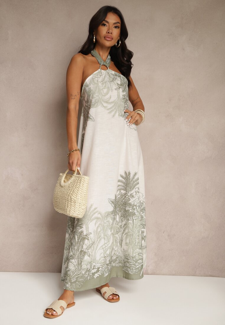 pretty Rochie Verde din Viscoză Decorată cu Legătură și cu Model de Palme Folenella