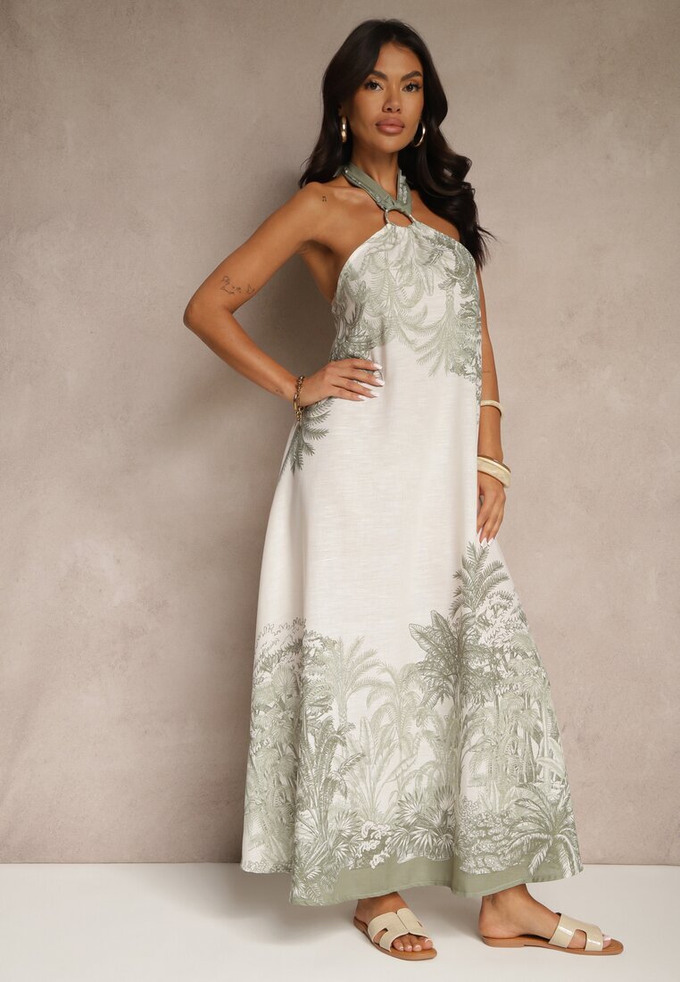 pretty Rochie Verde din Viscoză Decorată cu Legătură și cu Model de Palme Folenella