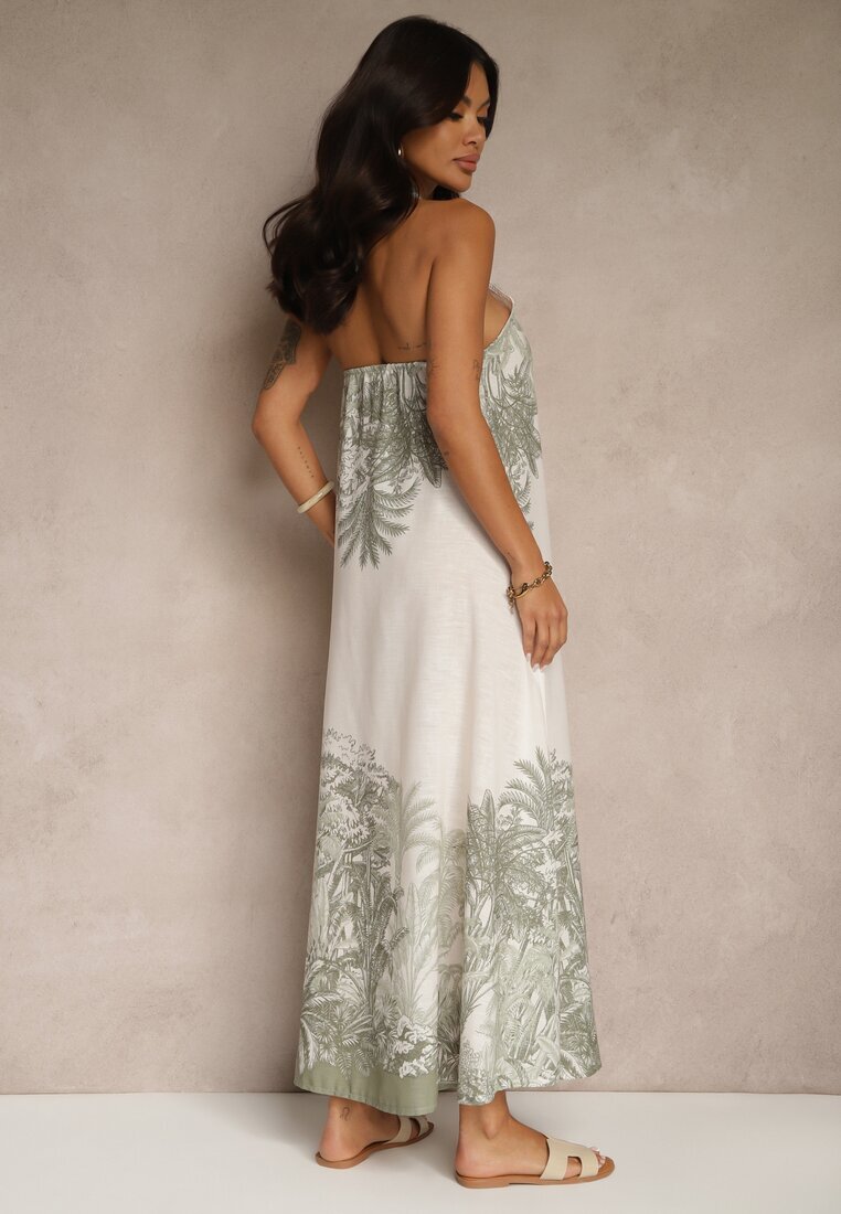 pretty Rochie Verde din Viscoză Decorată cu Legătură și cu Model de Palme Folenella