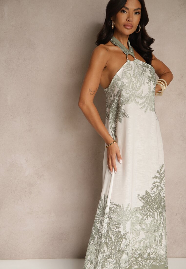 pretty Rochie Verde din Viscoză Decorată cu Legătură și cu Model de Palme Folenella
