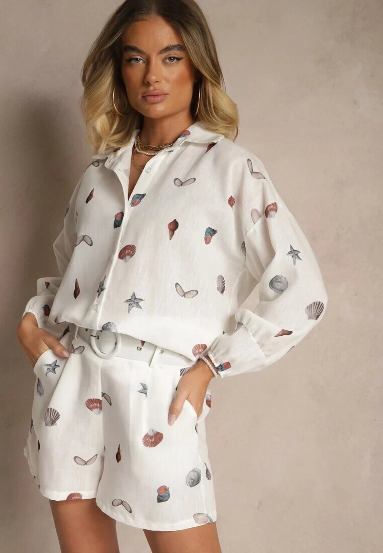 pretty Set Alb cu Viscoză Cămașă și Pantaloni scurți cu Imprimeu Marin Reisoria