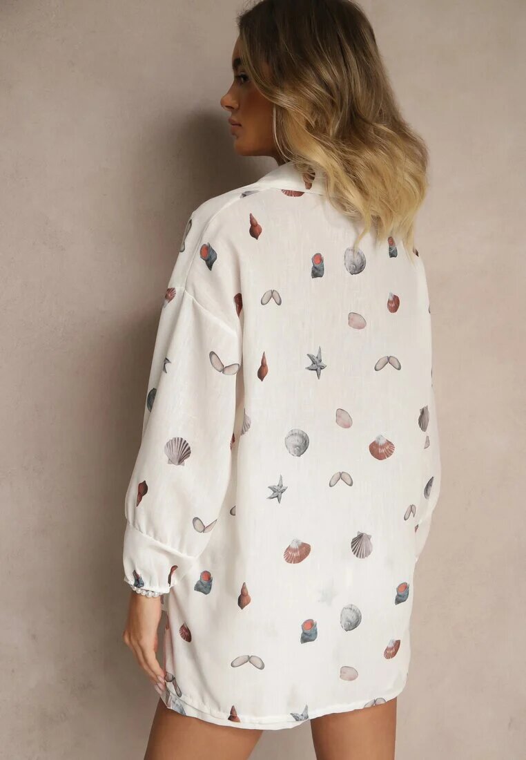 pretty Set Alb cu Viscoză Cămașă și Pantaloni scurți cu Imprimeu Marin Reisoria