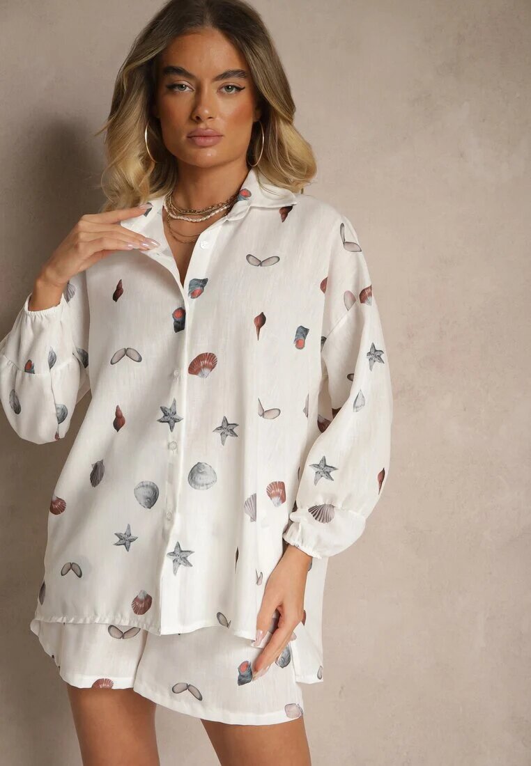 pretty Set Alb cu Viscoză Cămașă și Pantaloni scurți cu Imprimeu Marin Reisoria