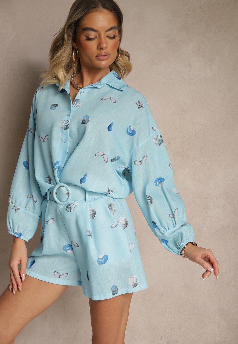 pretty Set Bleu deschis din Viscoză Cămașă și Pantaloni scurți cu Imprimeu Marin Reisoria