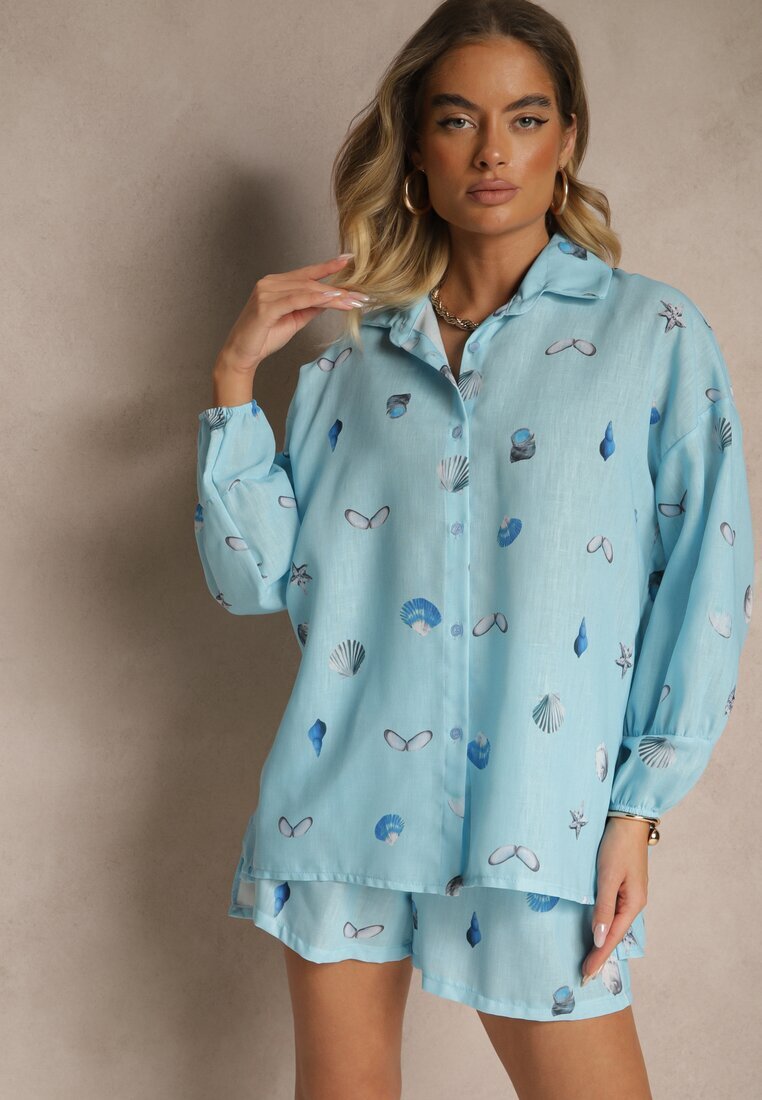 pretty Set Bleu deschis din Viscoză Cămașă și Pantaloni scurți cu Imprimeu Marin Reisoria