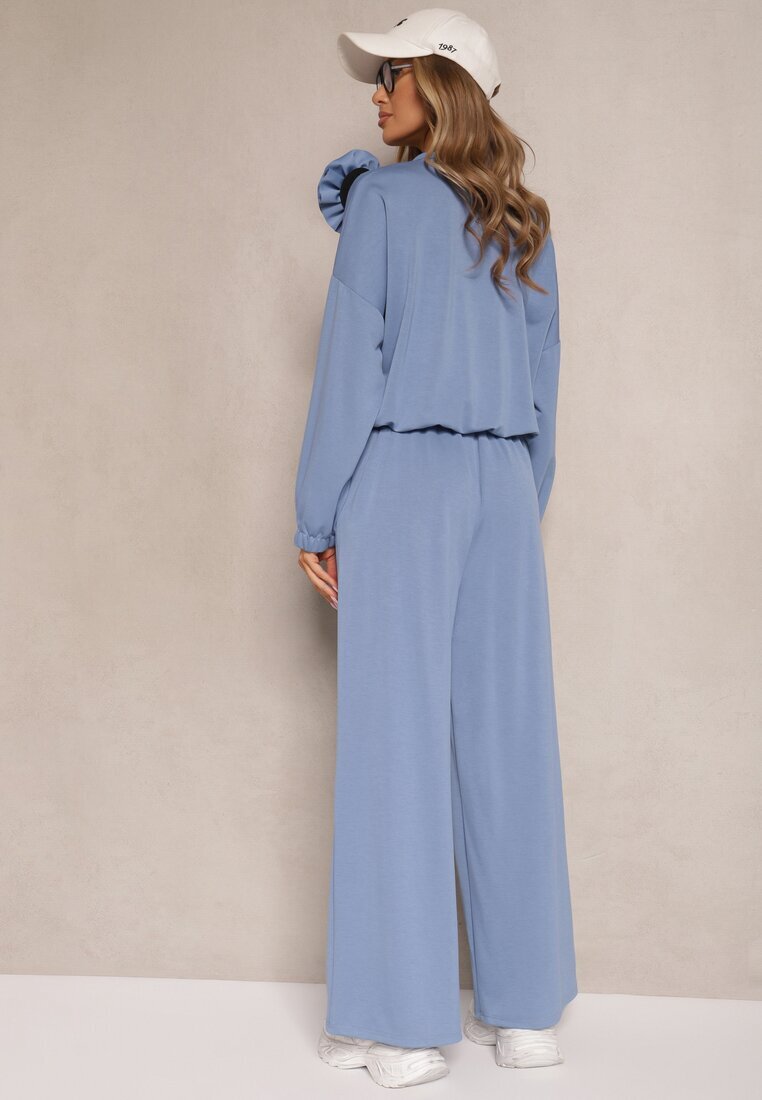 pretty Set de Trening Albastru din Vâscoză Pantaloni cu Croială Largă și Bluză cu Broșă Redaella