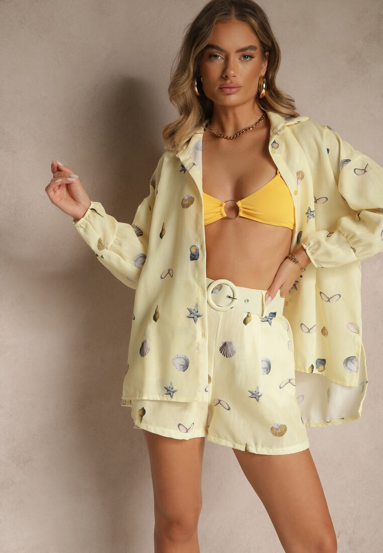 pretty Set Galben din Viscoză Cămașă și Pantaloni scurți cu Imprimeu Marin Reisoria