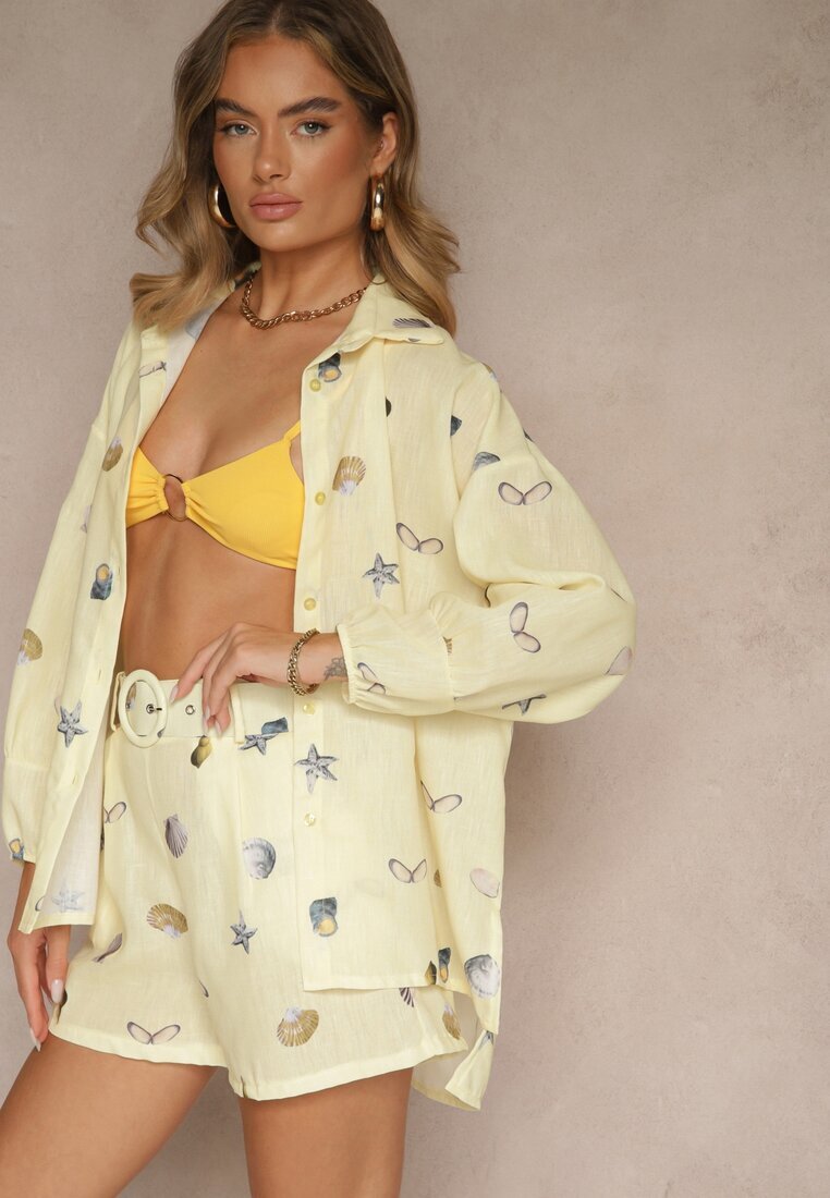 pretty Set Galben din Viscoză Cămașă și Pantaloni scurți cu Imprimeu Marin Reisoria