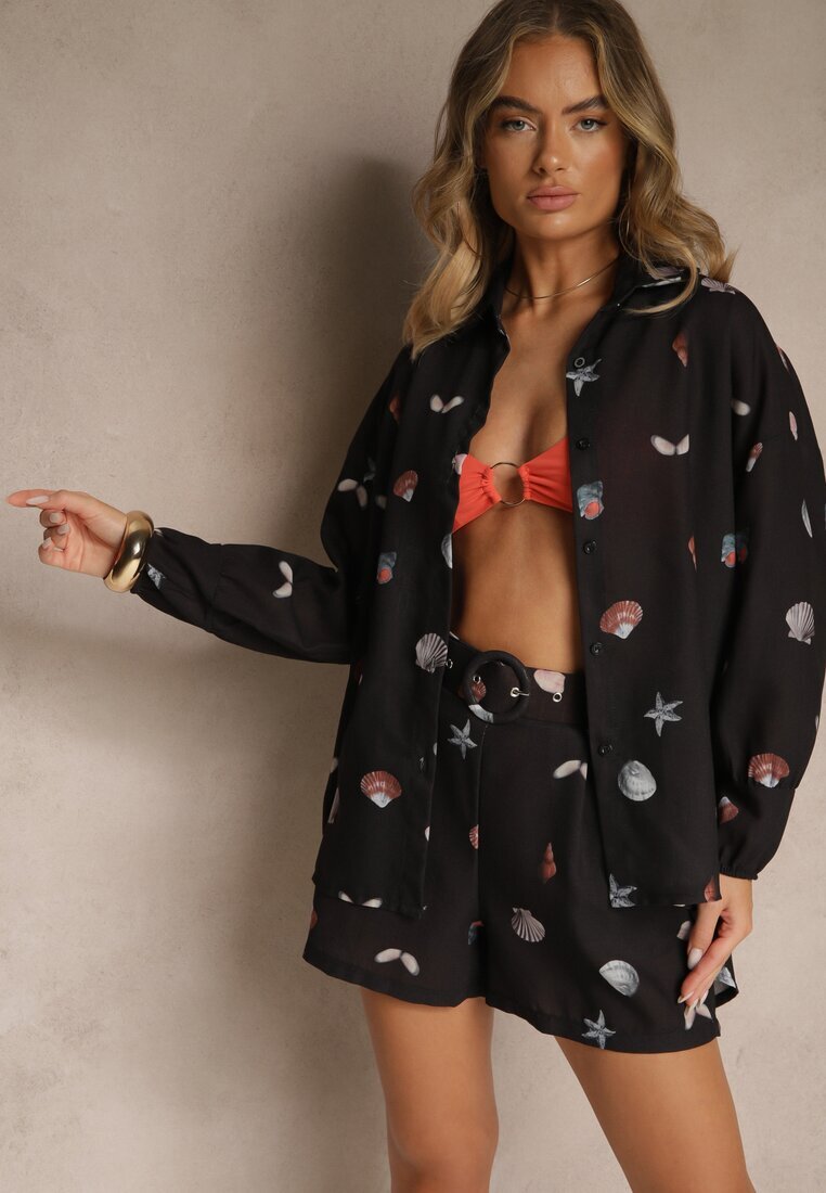 pretty Set Negru din Viscoză Cămașă și Pantaloni scurți cu imprimeu marin Reisoria