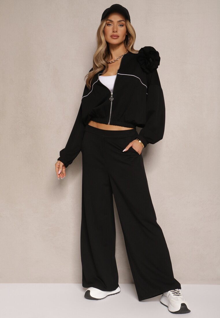 pretty Set Trening Negru cu Viscoză Pantaloni cu Croială Largă și Bluză cu Broșă Redaella