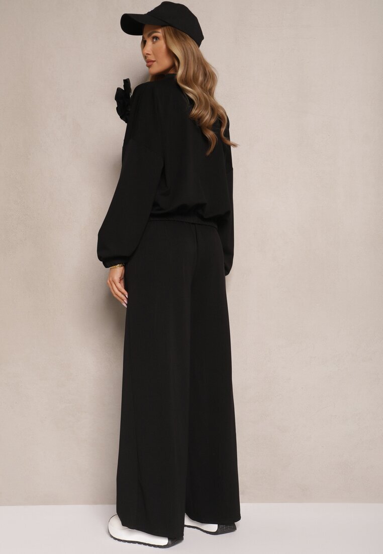 pretty Set Trening Negru cu Viscoză Pantaloni cu Croială Largă și Bluză cu Broșă Redaella