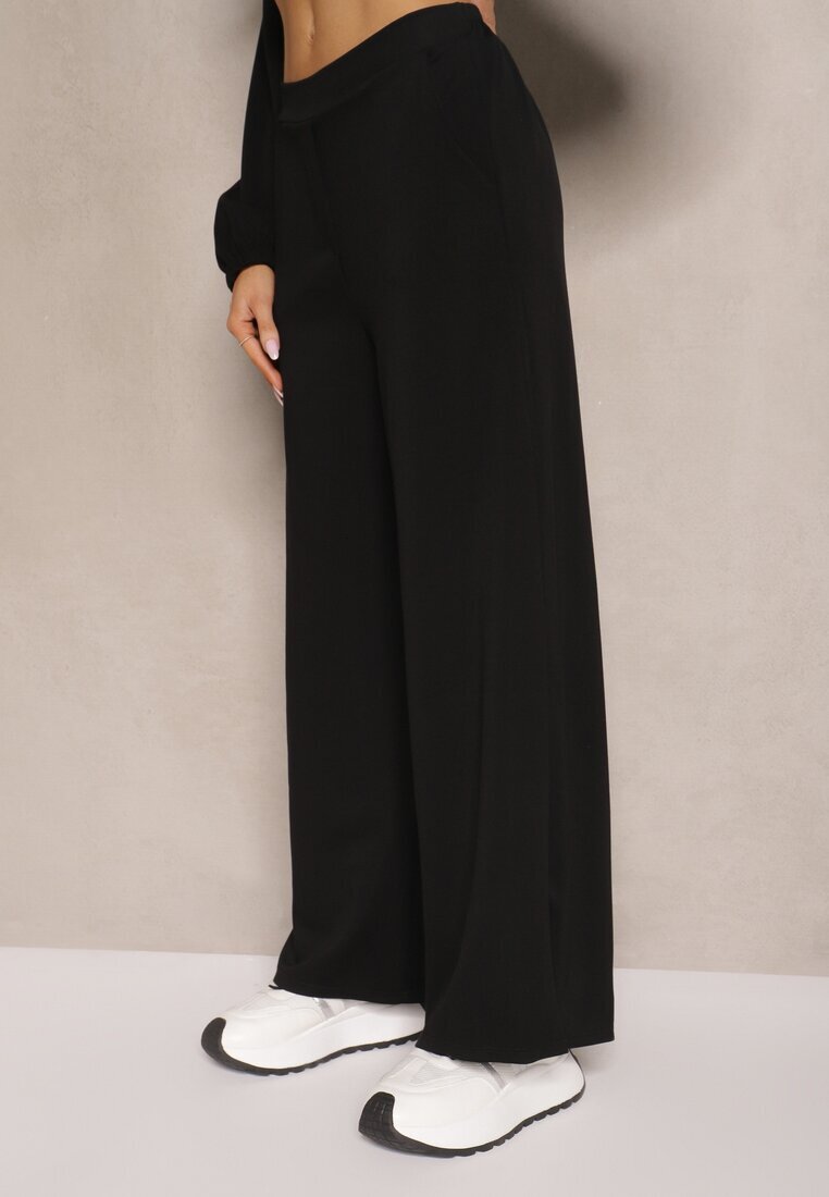 pretty Set Trening Negru cu Viscoză Pantaloni cu Croială Largă și Bluză cu Broșă Redaella