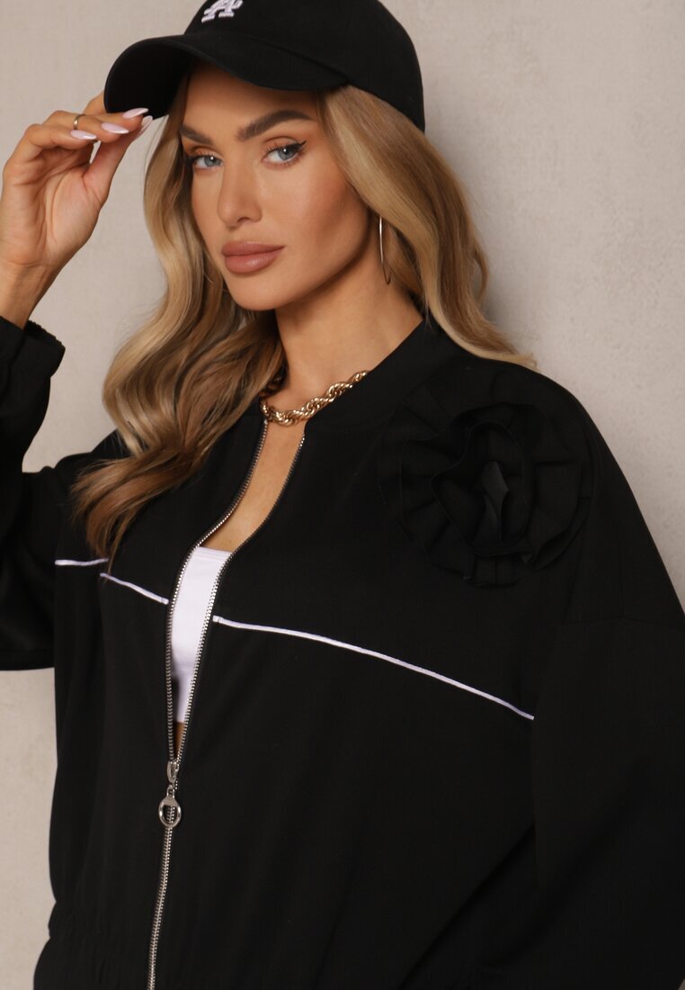 pretty Set Trening Negru cu Viscoză Pantaloni cu Croială Largă și Bluză cu Broșă Redaella