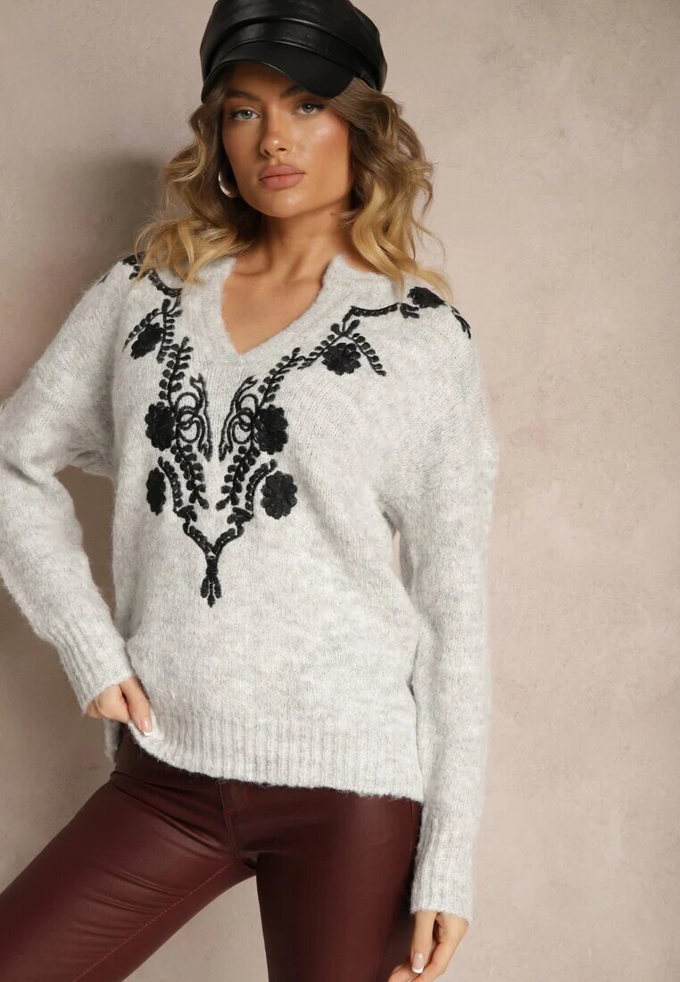  Pulover Gri cu Lână și Model Metalic Floral Senithea