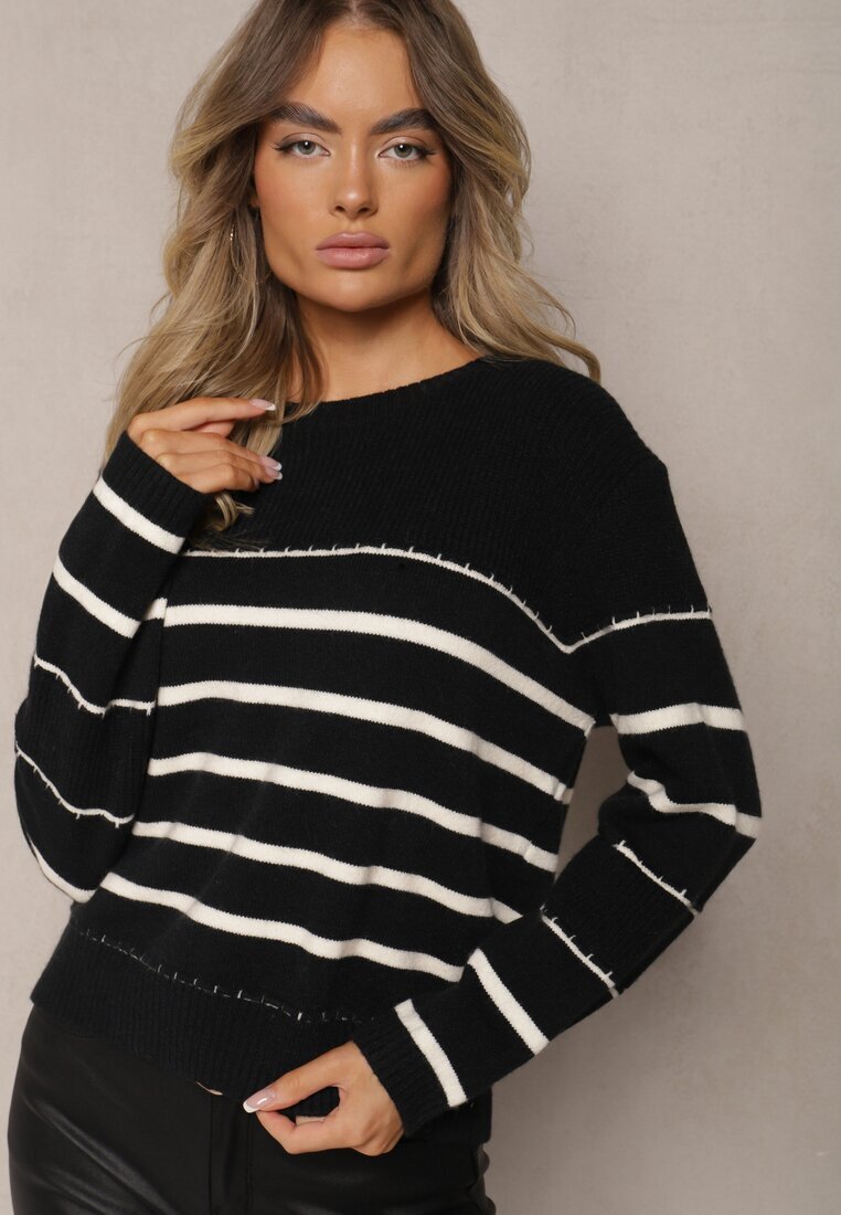  Pulover Negru-Alb din viscoză din material elastic cu dungi Nevenaia