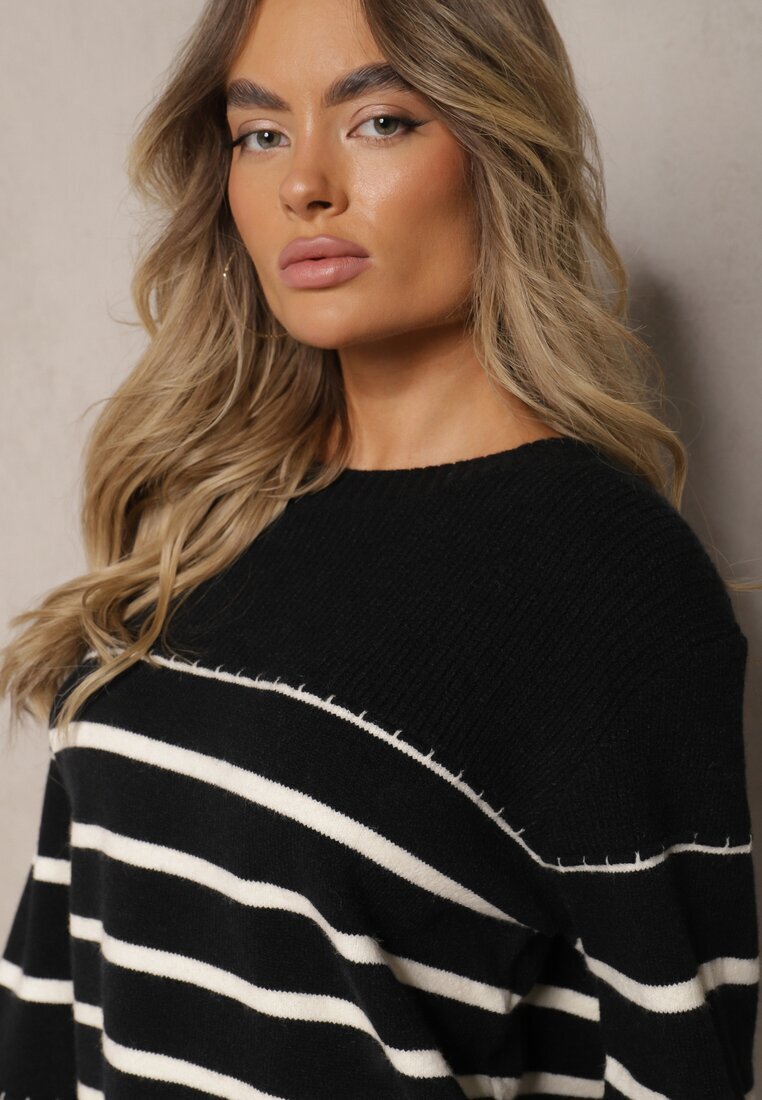  Pulover Negru-Alb din viscoză din material elastic cu dungi Nevenaia