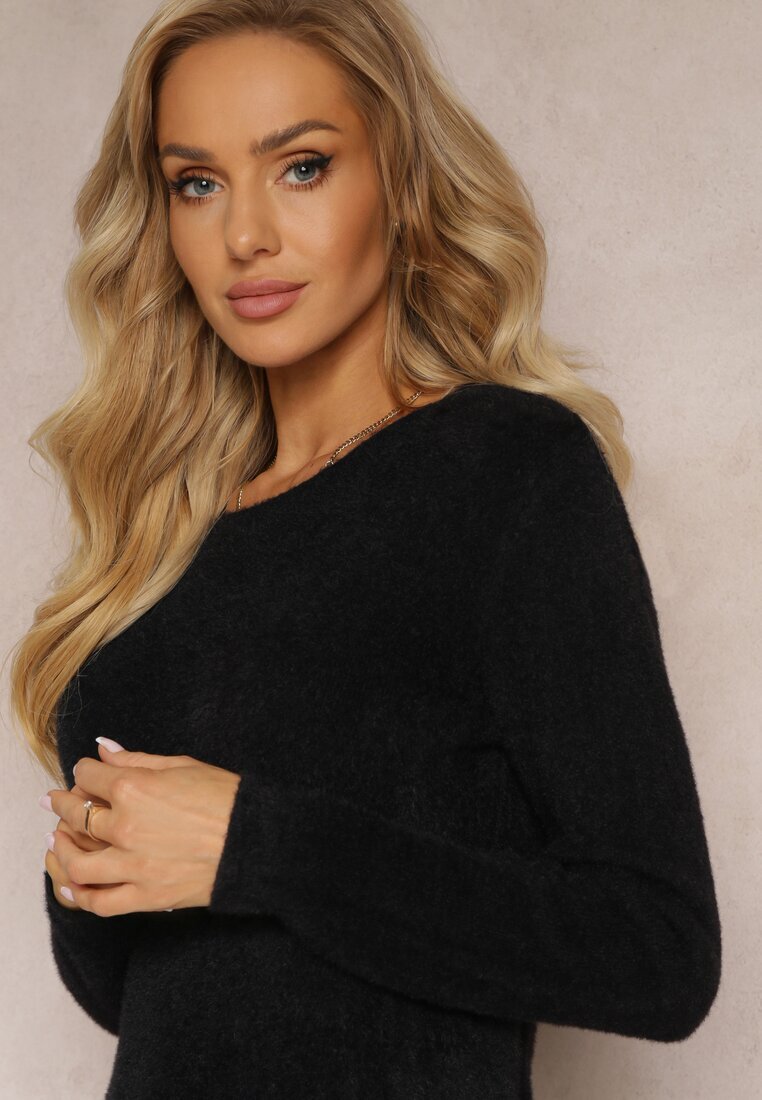  Pulover Negru cu Guler Rotund cu Textură Pufoasă Inosuela